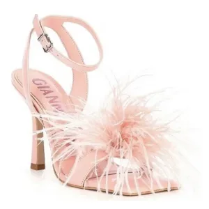 NEW Gianni Bini Neela Ostrich Feather Square Toe Dress Sandals in Mellow Rose