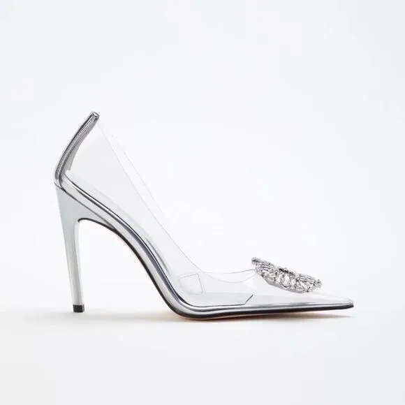 New GOOD AMERICAN Clear Cinderella Rhinestone Heel Stiletto Silver Size 11