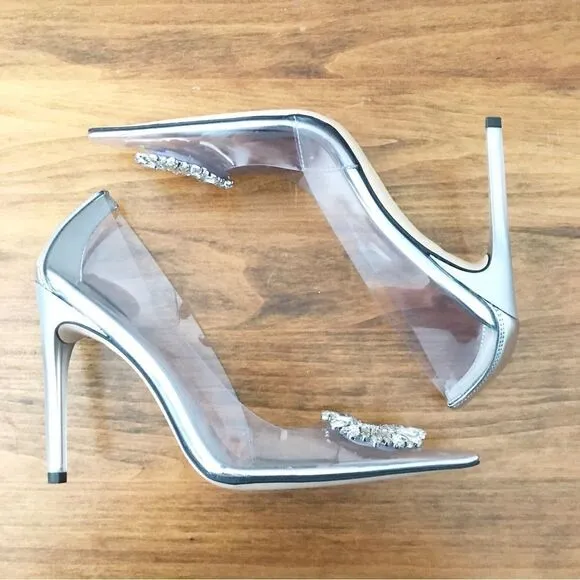 New GOOD AMERICAN Clear Cinderella Rhinestone Heel Stiletto Silver Size 11