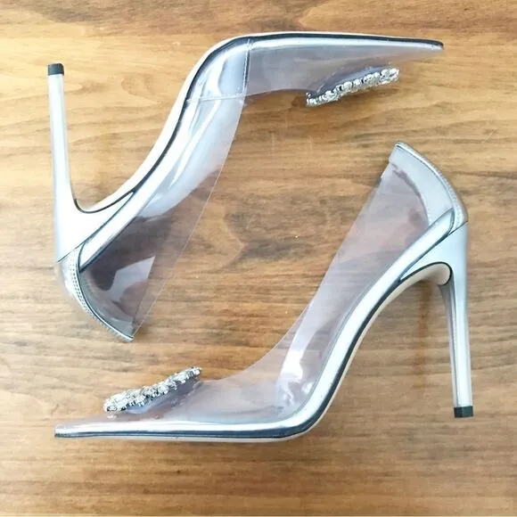 New GOOD AMERICAN Clear Cinderella Rhinestone Heel Stiletto Silver Size 11