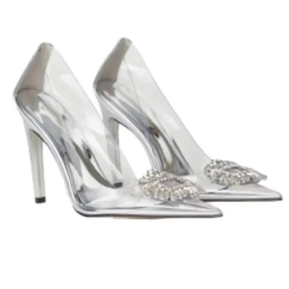 New GOOD AMERICAN Clear Cinderella Rhinestone Heel Stiletto Silver Size 11