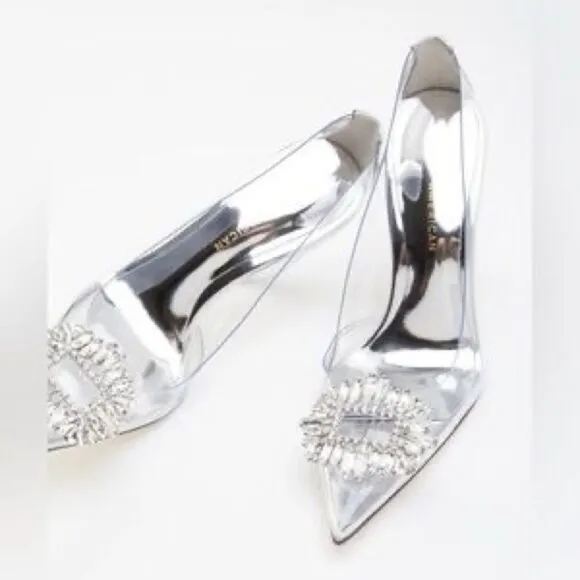New GOOD AMERICAN Clear Cinderella Rhinestone Heel Stiletto Silver Size 11