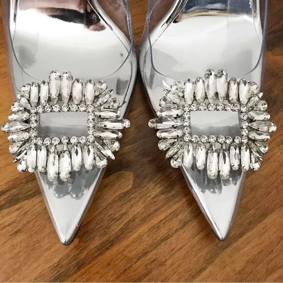 New GOOD AMERICAN Clear Cinderella Rhinestone Heel Stiletto Silver Size 11