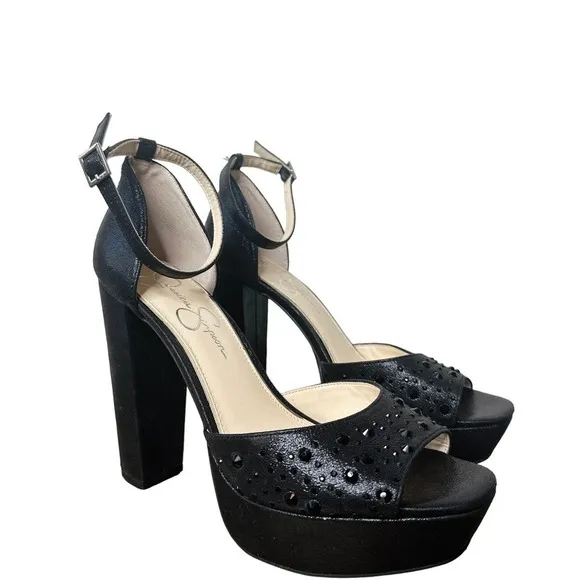 NEW Jessica Simpson Platform Sandals Heels Shoes Studded Party Ankle Black 10