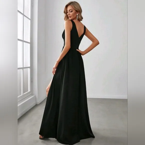 New Luxe Deep V Split Leg Maxi Dress Flowy Black