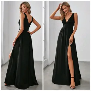 New Luxe Deep V Split Leg Maxi Dress Flowy Black