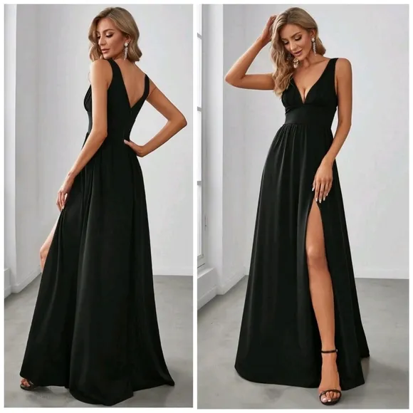 New Luxe Deep V Split Leg Maxi Dress Flowy Black