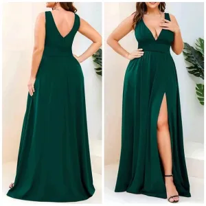 New Luxe Deep V Split Leg Maxi Dress Flowy PLUS Dark Green