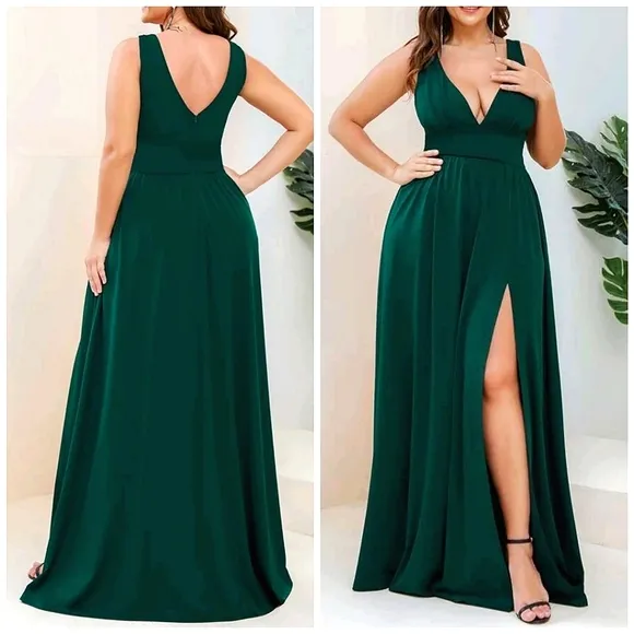 New Luxe Deep V Split Leg Maxi Dress Flowy PLUS Dark Green