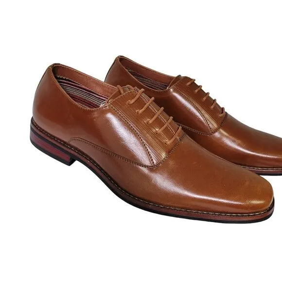 NEW Men's Cognac Brown Oxford Dress Shoes Lace Up Square Toe