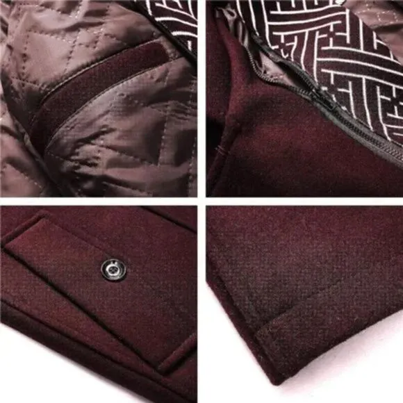 New Men's Wool Blend Pea Coat Warm Coat Wine Red