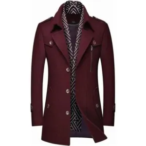 New Men's Wool Blend Pea Coat Warm Coat Wine Red