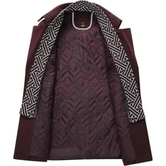 New Men's Wool Blend Pea Coat Warm Coat Wine Red