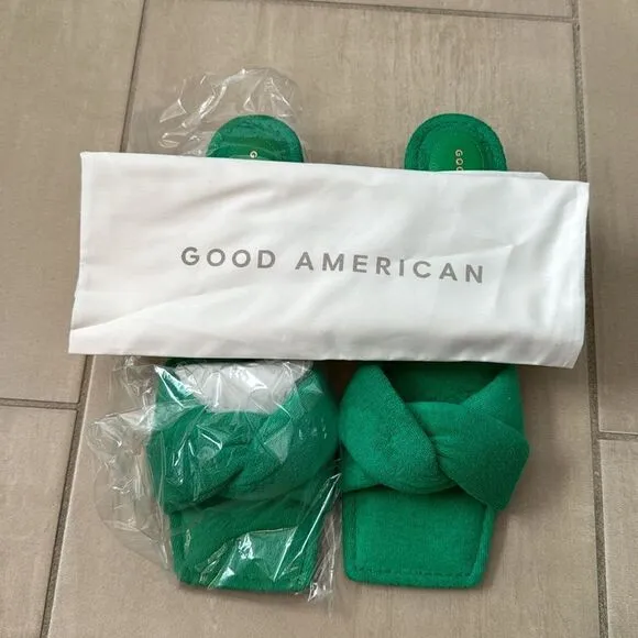 NEW NIB Good American Green Terry Slip-on Kitten Heel Sandal Size 9