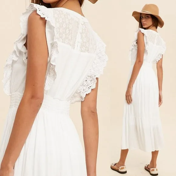 NEW Off White Romantic Lace Inset Ruffle Trim Yoke Smock Waist Midi Maxi Dress