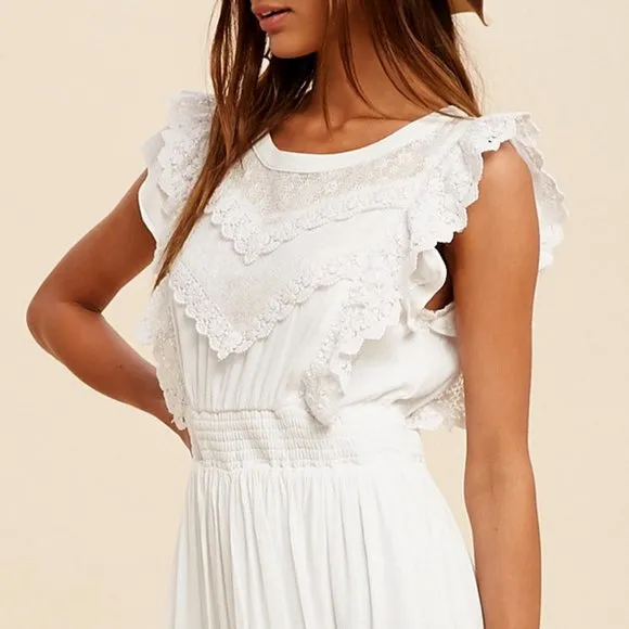 NEW Off White Romantic Lace Inset Ruffle Trim Yoke Smock Waist Midi Maxi Dress