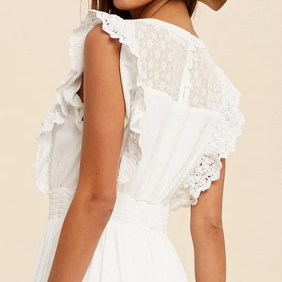 NEW Off White Romantic Lace Inset Ruffle Trim Yoke Smock Waist Midi Maxi Dress