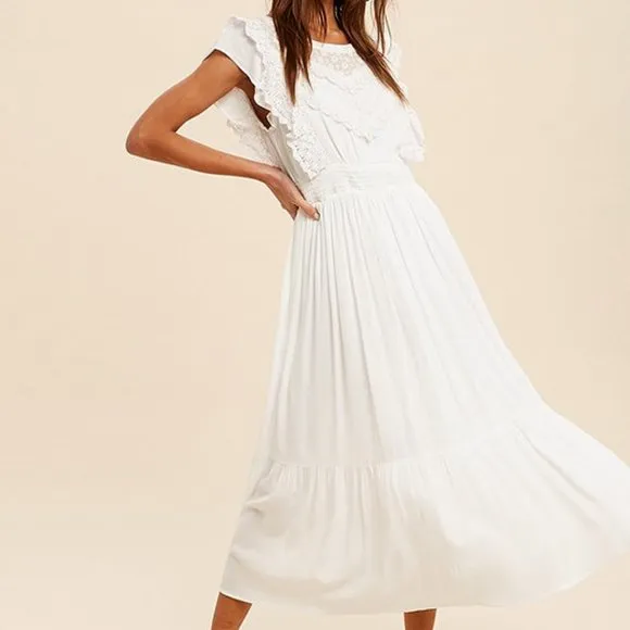 NEW Off White Romantic Lace Inset Ruffle Trim Yoke Smock Waist Midi Maxi Dress