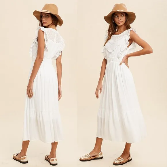 NEW Off White Romantic Lace Inset Ruffle Trim Yoke Smock Waist Midi Maxi Dress
