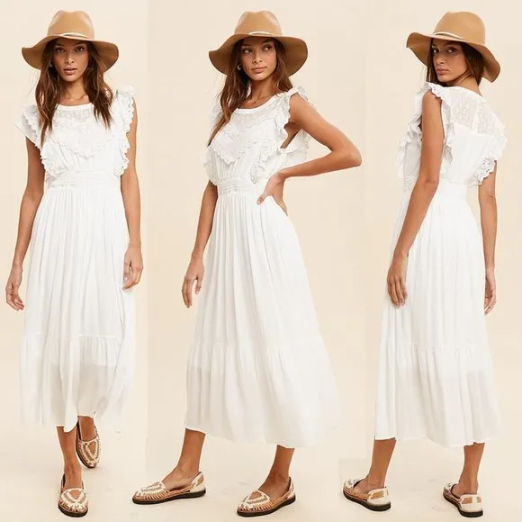 NEW Off White Romantic Lace Inset Ruffle Trim Yoke Smock Waist Midi Maxi Dress