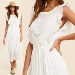 NEW Off White Romantic Lace Inset Ruffle Trim Yoke Smock Waist Midi Maxi Dress