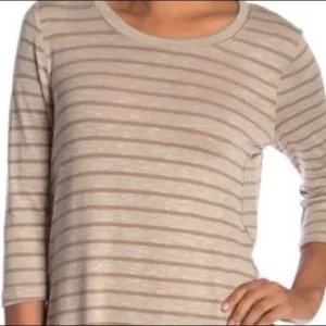 NEW Papillon Sweater Thin Knit Beige Striped Long Round Hem Women’s Tops Size M
