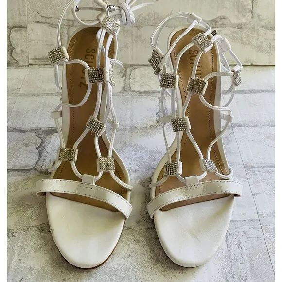 New Schutz Kallie White Nappa Leather Rhinestone Lace-Up High Heel Sandals Sz 9B