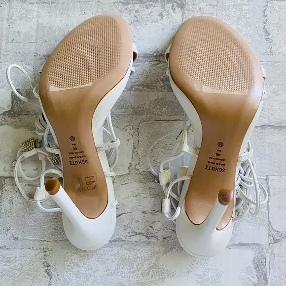 New Schutz Kallie White Nappa Leather Rhinestone Lace-Up High Heel Sandals Sz 9B