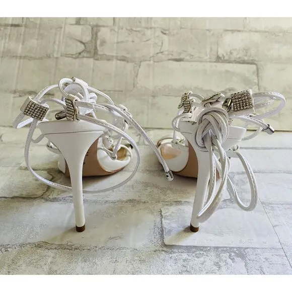 New Schutz Kallie White Nappa Leather Rhinestone Lace-Up High Heel Sandals Sz 9B