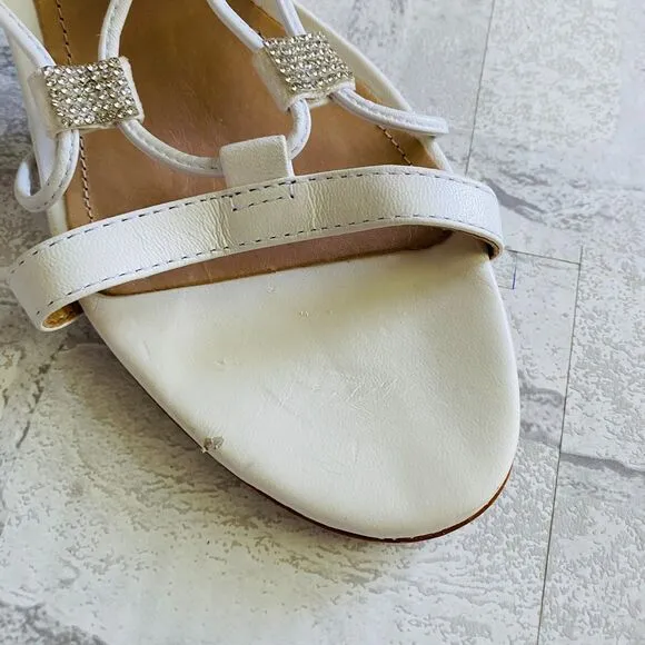 New Schutz Kallie White Nappa Leather Rhinestone Lace-Up High Heel Sandals Sz 9B