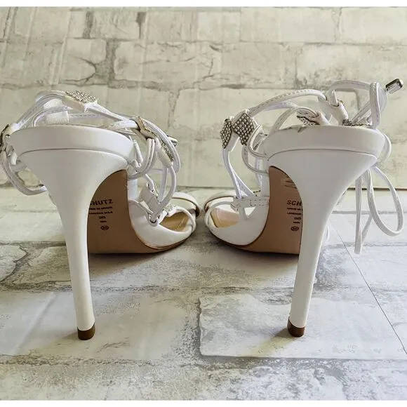 New Schutz Kallie White Nappa Leather Rhinestone Lace-Up High Heel Sandals Sz 9B