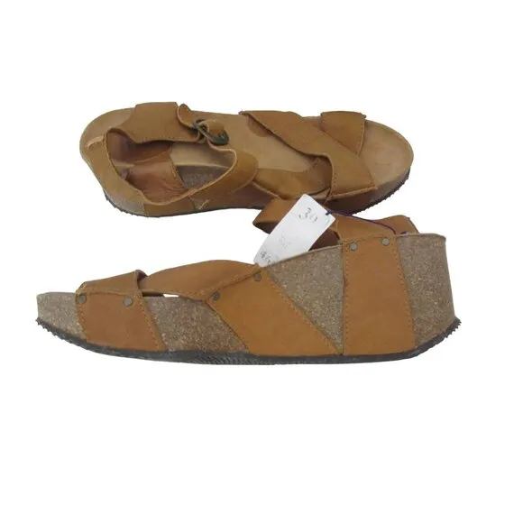New, Sergio Tomani Tan Leather Cork Heel Wedge Sandals Peep Toe Size 39 or 8 1/2