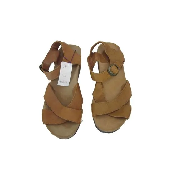 New, Sergio Tomani Tan Leather Cork Heel Wedge Sandals Peep Toe Size 39 or 8 1/2