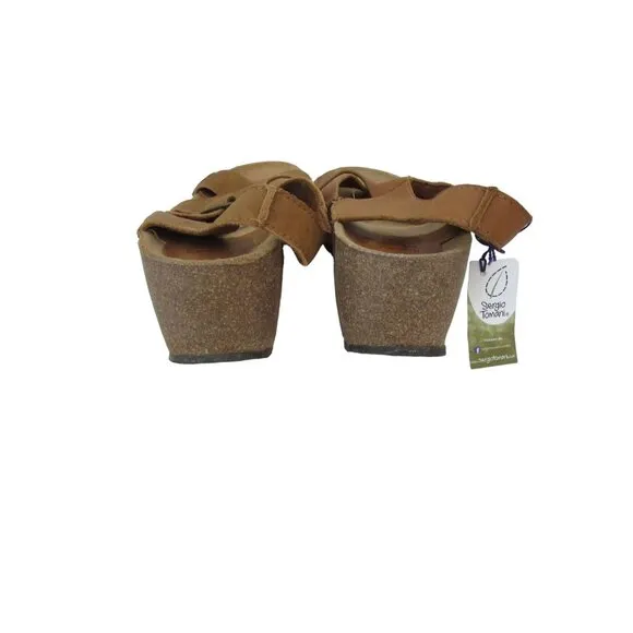 New, Sergio Tomani Tan Leather Cork Heel Wedge Sandals Peep Toe Size 39 or 8 1/2