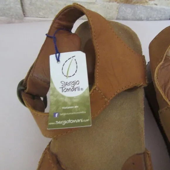 New, Sergio Tomani Tan Leather Cork Heel Wedge Sandals Peep Toe Size 39 or 8 1/2