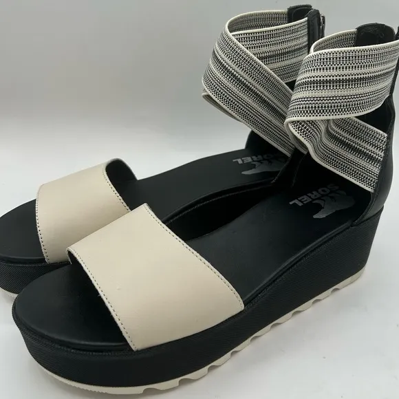 NEW Sorel Cameron Flatform Ankle Strap Platform Wedge Sandals Leather Black 8.5