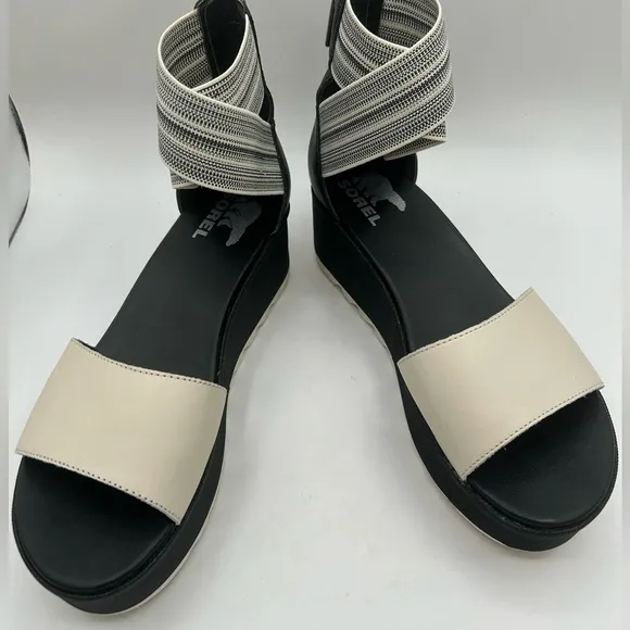 NEW Sorel Cameron Flatform Ankle Strap Platform Wedge Sandals Leather Black 8.5