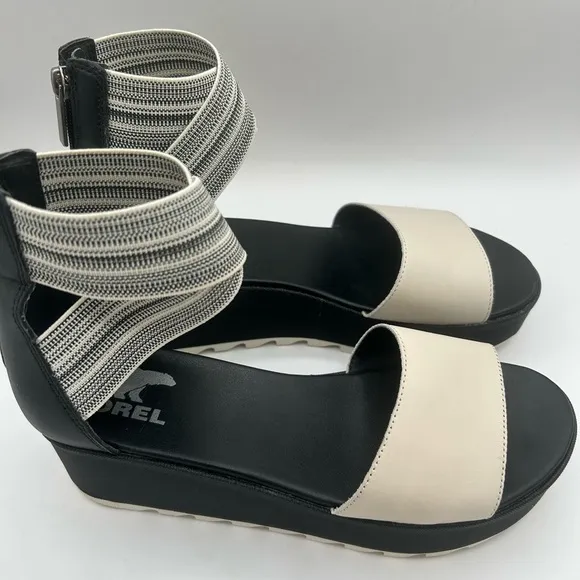 NEW Sorel Cameron Flatform Ankle Strap Platform Wedge Sandals Leather Black 8.5