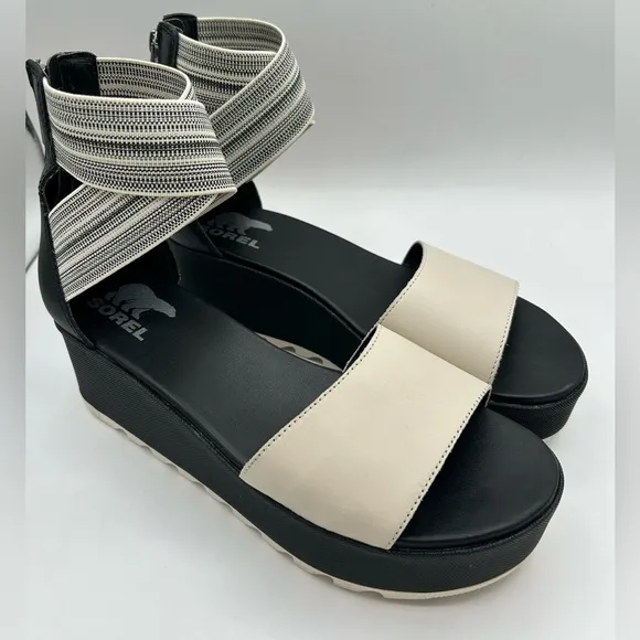 NEW Sorel Cameron Flatform Ankle Strap Platform Wedge Sandals Leather Black 8.5