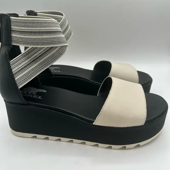 NEW Sorel Cameron Flatform Ankle Strap Platform Wedge Sandals Leather Black 8.5