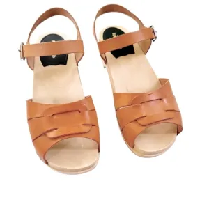NEW Swedish Hasbeens Peep Toe Low Wood Clog Sandals Nature Size 38 US 8