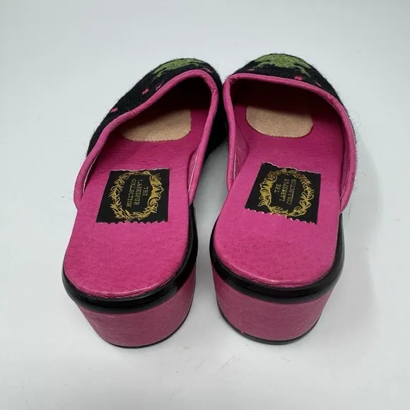 New The Larkspur Collection Shoes XSM Wool Needlepoint Frog Mule Heel Pink Black