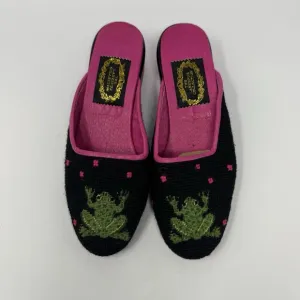 New The Larkspur Collection Shoes XSM Wool Needlepoint Frog Mule Heel Pink Black
