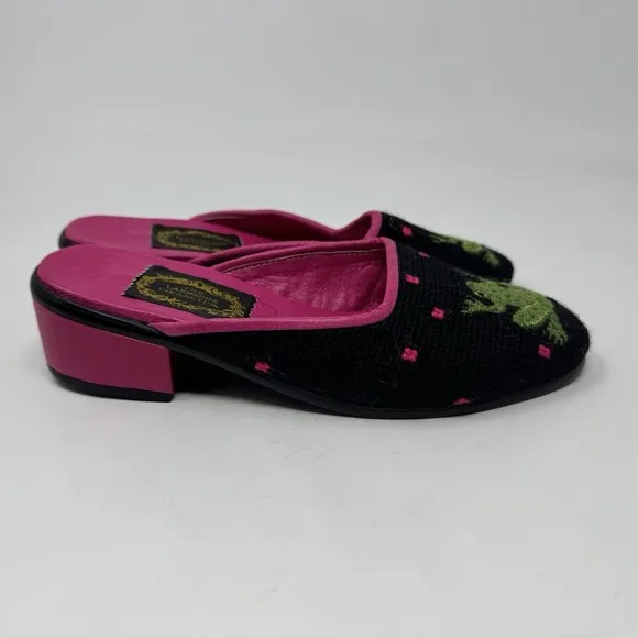 New The Larkspur Collection Shoes XSM Wool Needlepoint Frog Mule Heel Pink Black