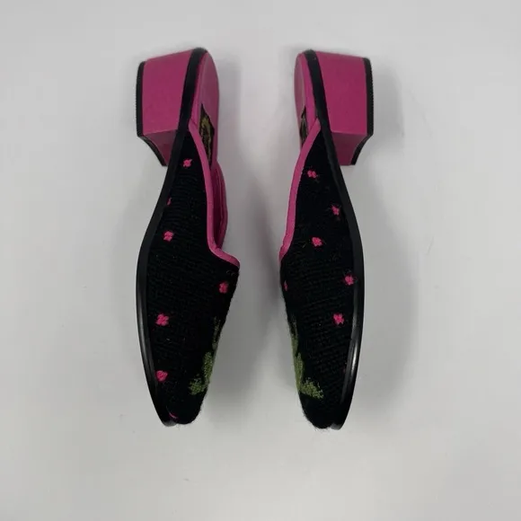 New The Larkspur Collection Shoes XSM Wool Needlepoint Frog Mule Heel Pink Black