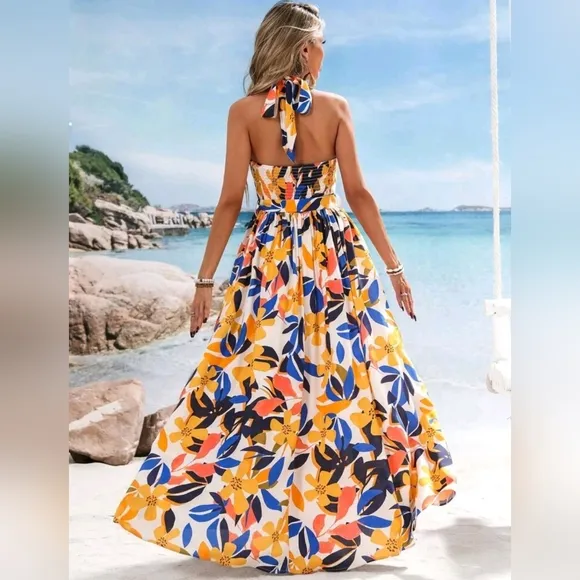 NEW Tropical Floral Twist Tie Halter Split Leg Maxi Dress White Blue Orange