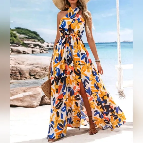 NEW Tropical Floral Twist Tie Halter Split Leg Maxi Dress White Blue Orange