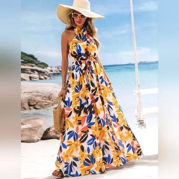 NEW Tropical Floral Twist Tie Halter Split Leg Maxi Dress White Blue Orange