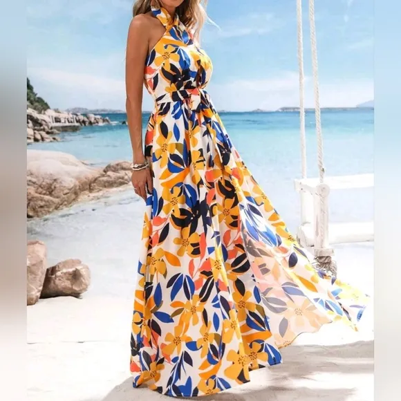 NEW Tropical Floral Twist Tie Halter Split Leg Maxi Dress White Blue Orange
