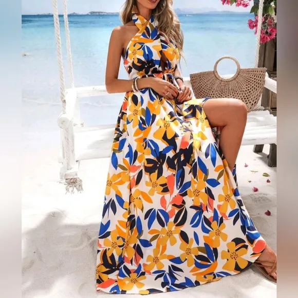 NEW Tropical Floral Twist Tie Halter Split Leg Maxi Dress White Blue Orange